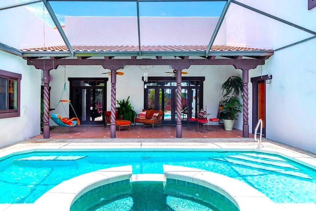 35 Blue Bayou Dr, Santa Rosa Beach, FL 32459 - view of swimming pool featuring ceiling fan, a pool with connected hot tub, and a patio