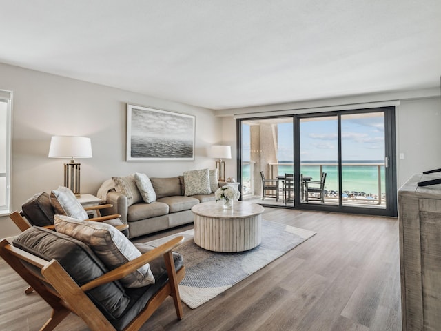 living room with wood finished floors and a water view