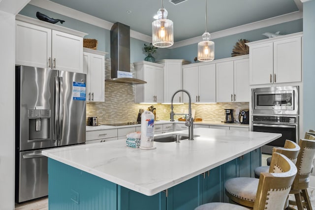 kitchen featuring stainless steel appliances, a sink, wall chimney range hood, and tasteful backsplash