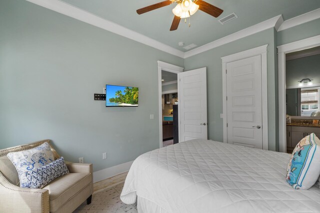 bedroom with crown molding, a ceiling fan, and baseboards