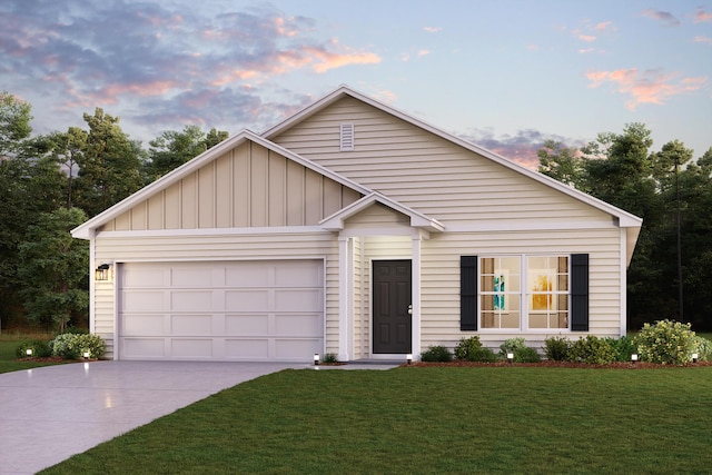 view of front of house featuring a garage, board and batten siding, concrete driveway, and a front lawn