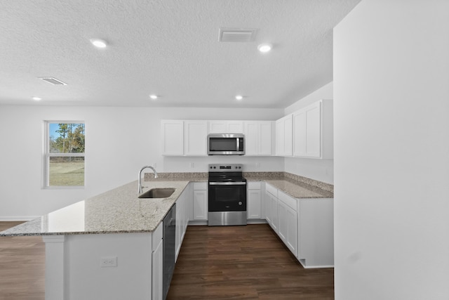 kitchen with light stone counters, a sink, a textured ceiling, stainless steel appliances, and a peninsula