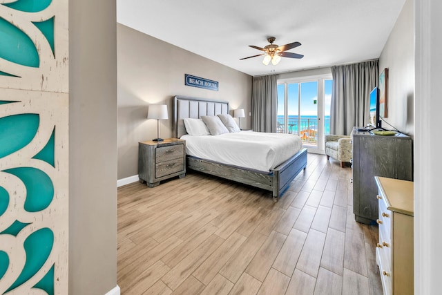 bedroom with light wood finished floors, access to outside, baseboards, and ceiling fan
