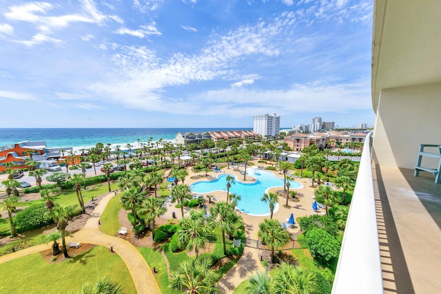 view of pool featuring a water view