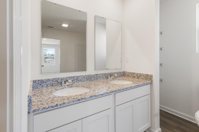 bathroom with double vanity, toilet, a sink, and wood finished floors