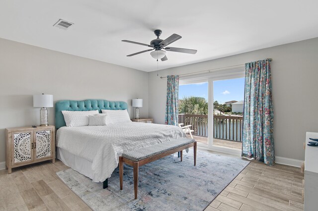 169 Durango Rd, Destin, FL 32541 - bedroom with light wood-style floors, access to exterior, a ceiling fan, baseboards, and visible vents