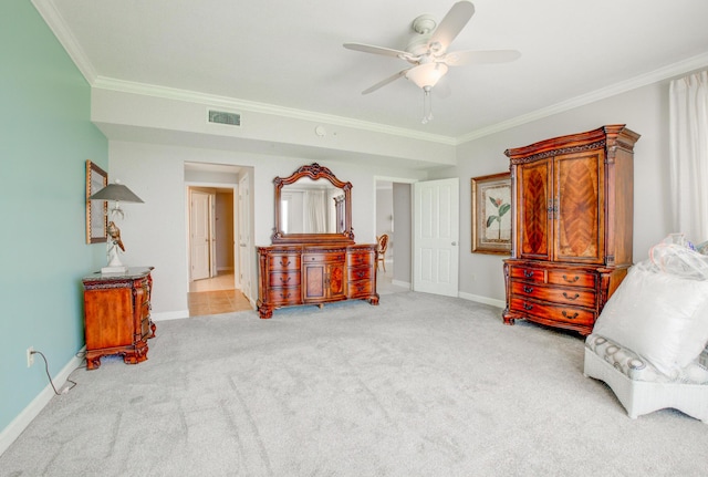 8601 Surf Dr Unit 14E, Panama City Beach, FL 32408 - bedroom with crown molding, baseboards, visible vents, and light colored carpet