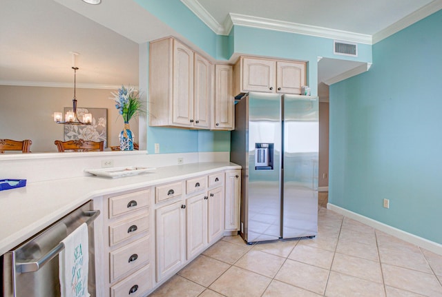 8601 Surf Dr Unit 14E, Panama City Beach, FL 32408 - kitchen featuring visible vents, crown molding, appliances with stainless steel finishes, light countertops, and an inviting chandelier