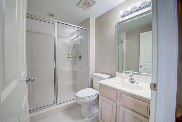 8601 Surf Dr Unit 14E, Panama City Beach, FL 32408 - bathroom with visible vents, a shower stall, vanity, tile patterned floors, and toilet