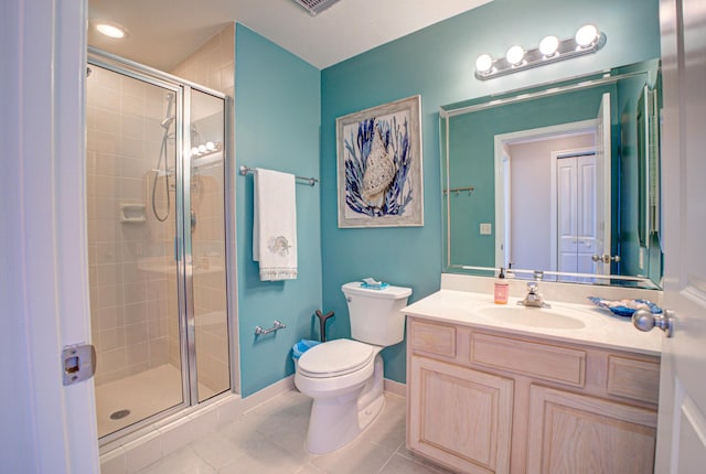 8601 Surf Dr Unit 14E, Panama City Beach, FL 32408 - bathroom featuring tile patterned flooring, a stall shower, vanity, baseboards, and toilet