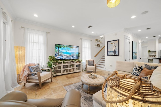 132 Carson Oaks Ln, Santa Rosa Beach, FL 32459 - living area featuring recessed lighting, visible vents, ornamental molding, and stairway