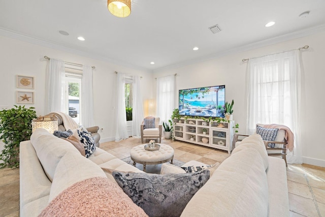 132 Carson Oaks Ln, Santa Rosa Beach, FL 32459 - living room with baseboards, recessed lighting, and ornamental molding