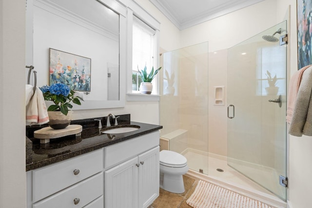 132 Carson Oaks Ln, Santa Rosa Beach, FL 32459 - bathroom with crown molding, toilet, and a stall shower
