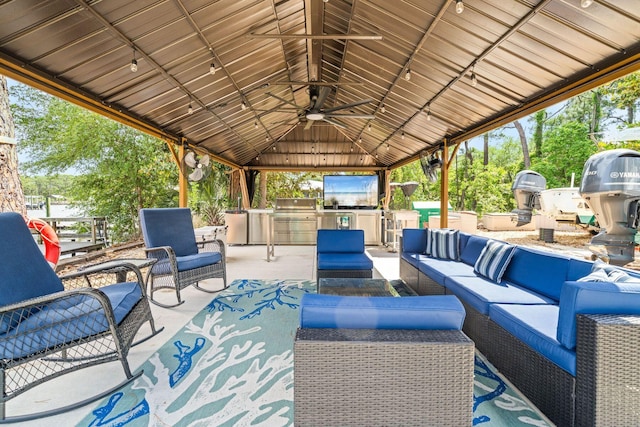132 Carson Oaks Ln, Santa Rosa Beach, FL 32459 - view of patio with an outdoor living space, ceiling fan, exterior kitchen, and a gazebo