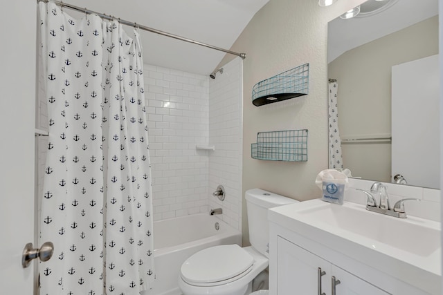 bathroom with toilet, shower / bathtub combination with curtain, and vanity