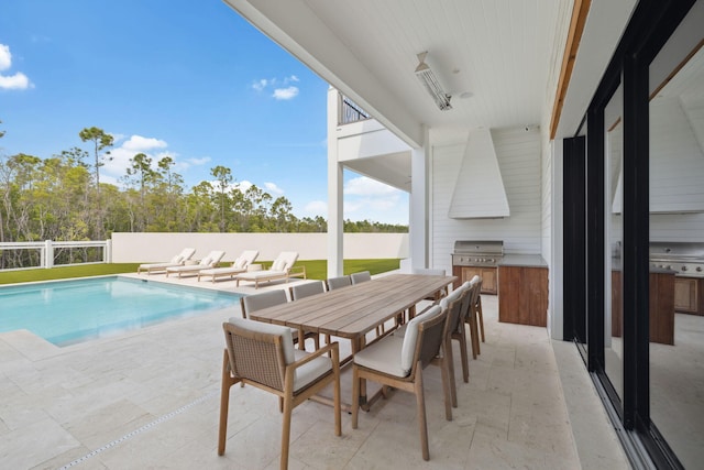 view of swimming pool with area for grilling, a fenced in pool, a patio, outdoor dining space, and a grill