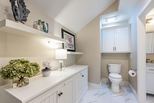 bathroom with vanity, visible vents, marble finish floor, toilet, and baseboards