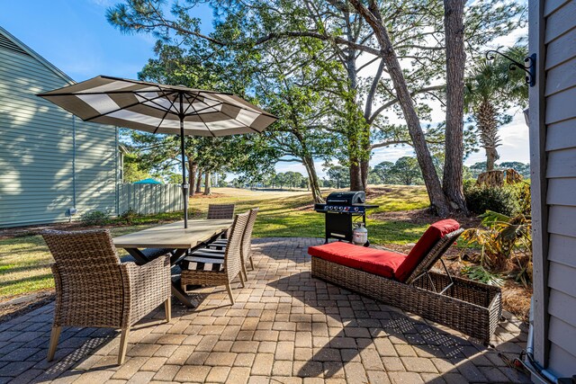 view of patio with area for grilling and outdoor dining area