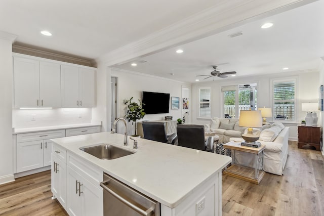 63 Windrow Way, Inlet Beach, FL 32461 - kitchen with stainless steel dishwasher, ornamental molding, open floor plan, recessed lighting, and a sink