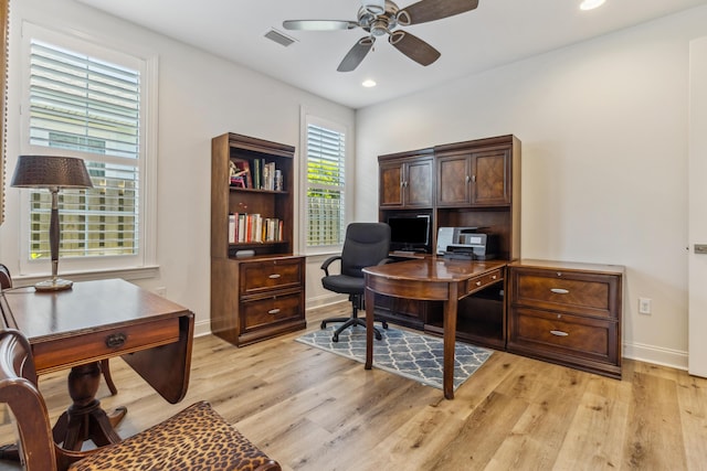 office area with recessed lighting, baseboards, ceiling fan, and light wood-type flooring