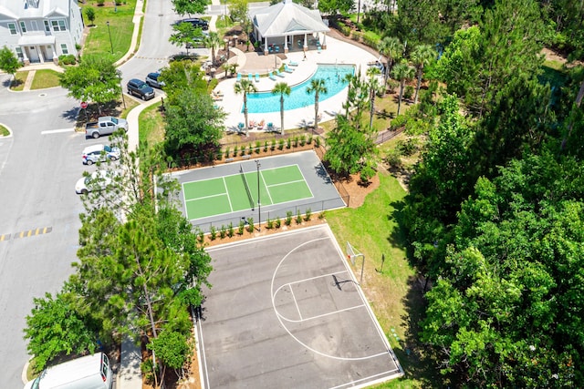 aerial view of a pool area
