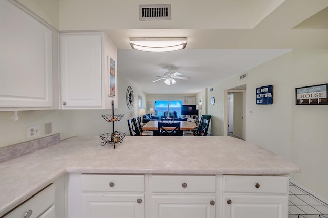 5801 Thomas Dr Unit 620, Panama City Beach, FL 32408 - kitchen with a ceiling fan, visible vents, light countertops, a peninsula, and open floor plan