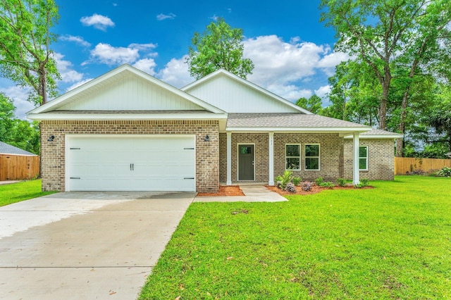 ranch-style house featuring a front lawn, driveway, fence, and an attached garage