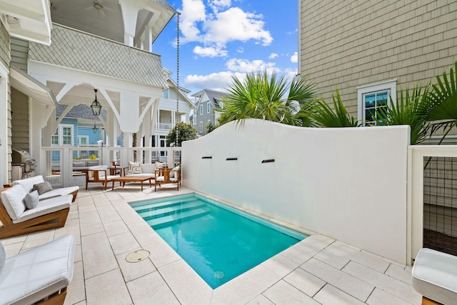 28 Rainer Ln, Inlet Beach, FL 32461 - view of swimming pool featuring an outdoor living space, a patio area, a fenced in pool, and a ceiling fan