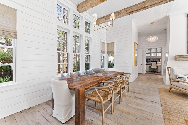 28 Rainer Ln, Inlet Beach, FL 32461 - dining area featuring a healthy amount of sunlight, a chandelier, light wood finished floors, and beam ceiling