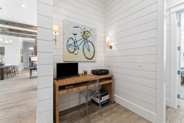 28 Rainer Ln, Inlet Beach, FL 32461 - home office with light wood finished floors, an inviting chandelier, and wood walls