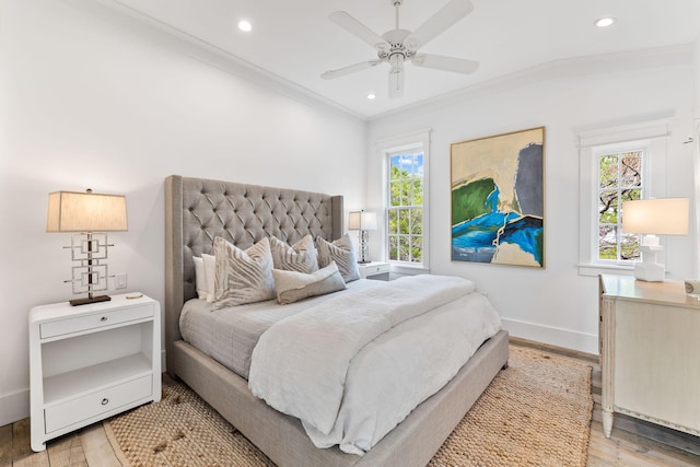 28 Rainer Ln, Inlet Beach, FL 32461 - bedroom featuring a ceiling fan, light wood-style flooring, recessed lighting, baseboards, and crown molding