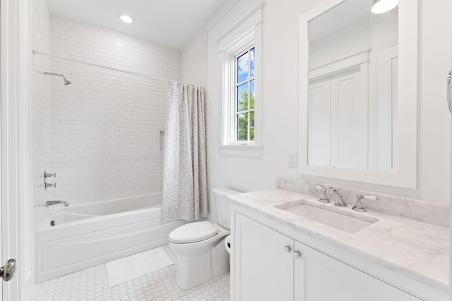 28 Rainer Ln, Inlet Beach, FL 32461 - full bathroom featuring toilet, vanity, recessed lighting, tile patterned floors, and shower / bathtub combination with curtain