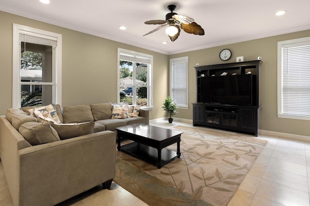 2021 Pine Island Cir, Miramar Beach, FL 32550 - living area with recessed lighting, ornamental molding, baseboards, and ceiling fan
