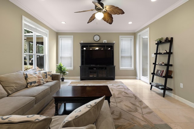 2021 Pine Island Cir, Miramar Beach, FL 32550 - living area featuring baseboards, crown molding, ceiling fan, and recessed lighting
