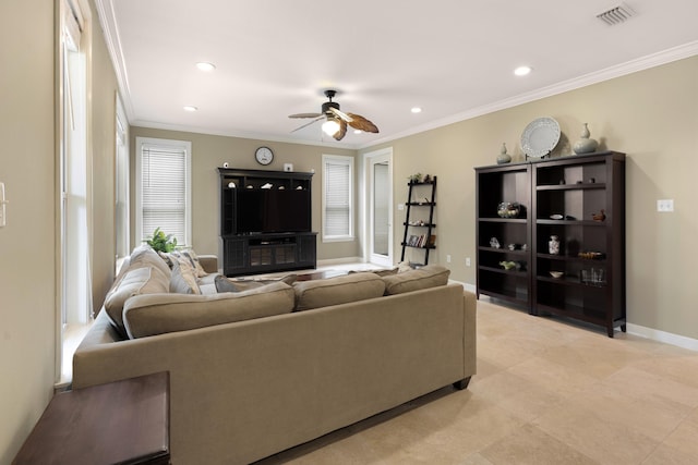 2021 Pine Island Cir, Miramar Beach, FL 32550 - living area featuring ceiling fan, recessed lighting, baseboards, visible vents, and ornamental molding