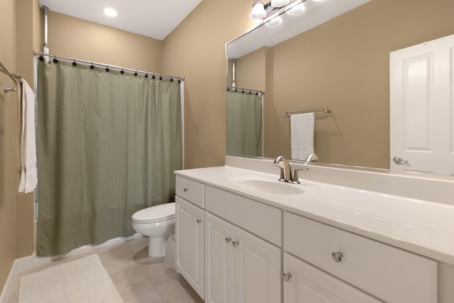 2021 Pine Island Cir, Miramar Beach, FL 32550 - bathroom with vanity, tile patterned flooring, toilet, and curtained shower
