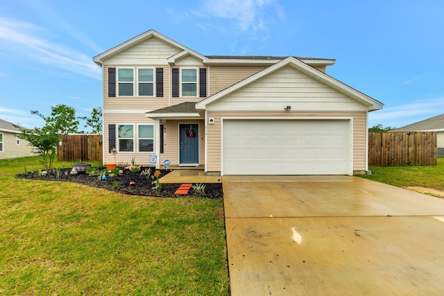 traditional-style home with an attached garage, fence, a front yard, and concrete driveway