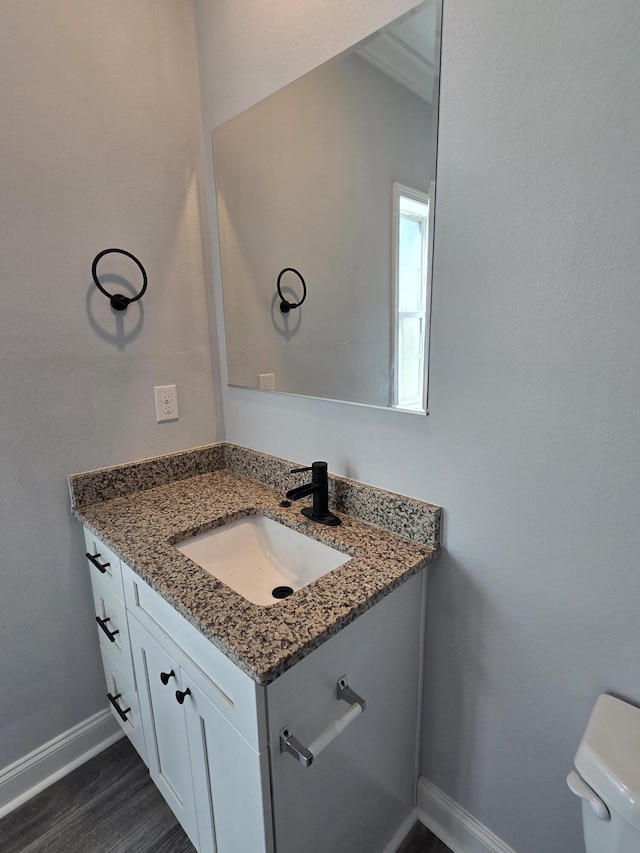 467 N County Highway 395, Santa Rosa Beach, FL 32459 - bathroom with toilet, baseboards, wood finished floors, and vanity
