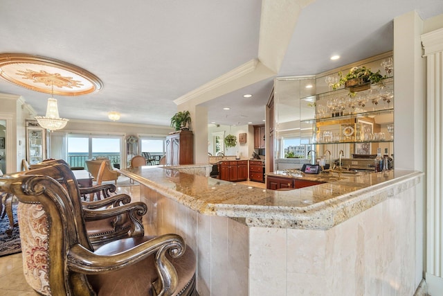 240 Gulf Shore Dr Unit 433, Destin, FL 32541 - indoor wet bar with crown molding, a chandelier, and recessed lighting