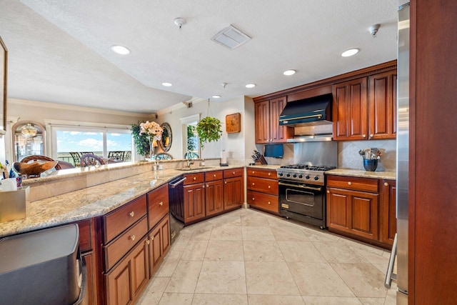 240 Gulf Shore Dr Unit 433, Destin, FL 32541 - kitchen with gas stove, ventilation hood, crown molding, black dishwasher, and a peninsula