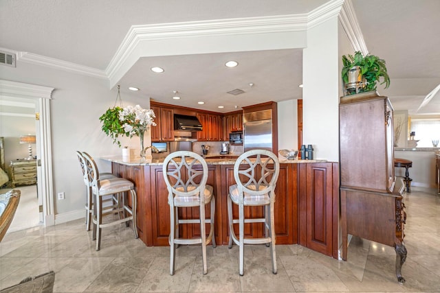 240 Gulf Shore Dr Unit 433, Destin, FL 32541 - kitchen with stainless steel built in fridge, ventilation hood, ornamental molding, light stone counters, and a peninsula