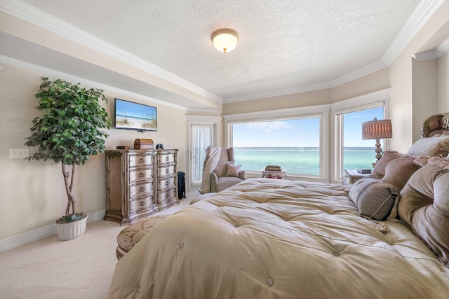 240 Gulf Shore Dr Unit 433, Destin, FL 32541 - bedroom featuring a textured ceiling, carpet, multiple windows, crown molding, and baseboards