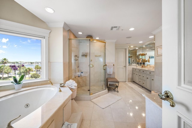240 Gulf Shore Dr Unit 433, Destin, FL 32541 - full bath with a stall shower, a whirlpool tub, vanity, tile patterned floors, and recessed lighting