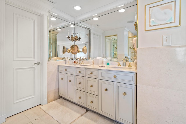 240 Gulf Shore Dr Unit 433, Destin, FL 32541 - bathroom with tile patterned floors, recessed lighting, double vanity, tile walls, and ornamental molding
