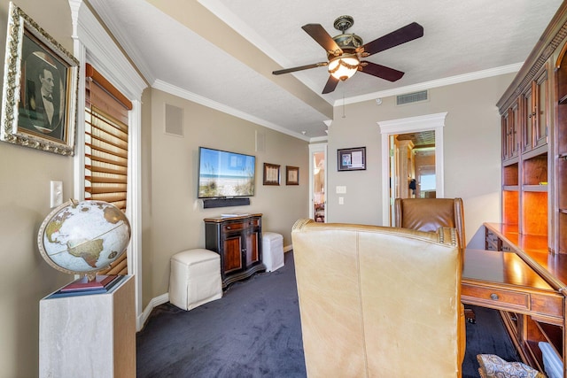 240 Gulf Shore Dr Unit 433, Destin, FL 32541 - living area featuring a ceiling fan, dark colored carpet, ornamental molding, and baseboards