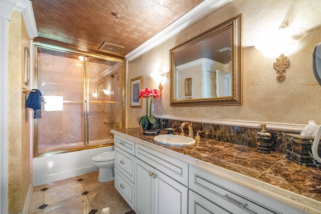 240 Gulf Shore Dr Unit 433, Destin, FL 32541 - full bath with crown molding, vanity, toilet, shower / bath combination with glass door, and an ornate ceiling
