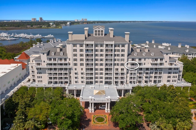 drone / aerial view with a water view