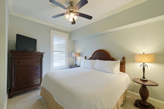 bedroom featuring baseboards, ornamental molding, ceiling fan, and light tile patterned floors