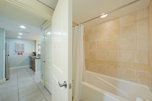 bathroom with tile patterned flooring, vanity, shower / bath combination with curtain, baseboards, and recessed lighting