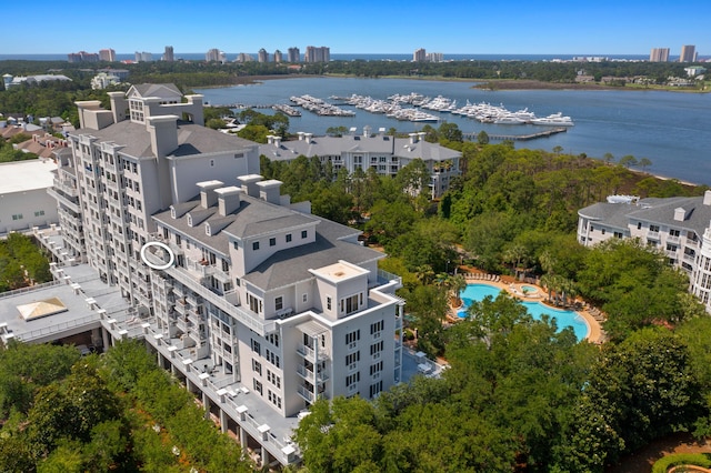bird's eye view featuring a water view